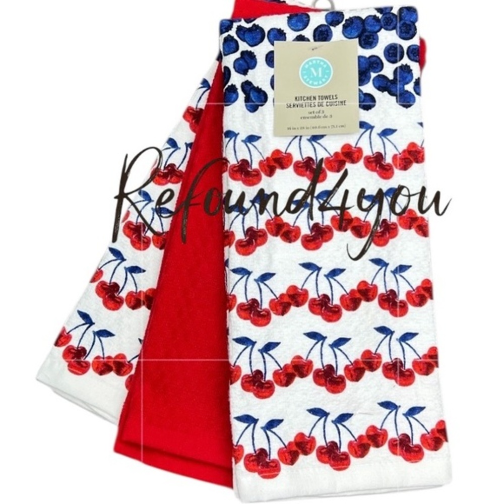 Martha Stewart  - ‘Flag -Cherry & Blueberry’ dish towels (3). NWT